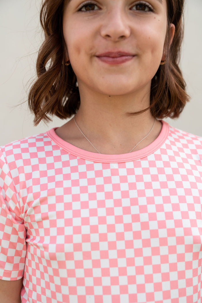 LIGHT PINK + WHITE MINI CHECKER | SHORT SLEEVE