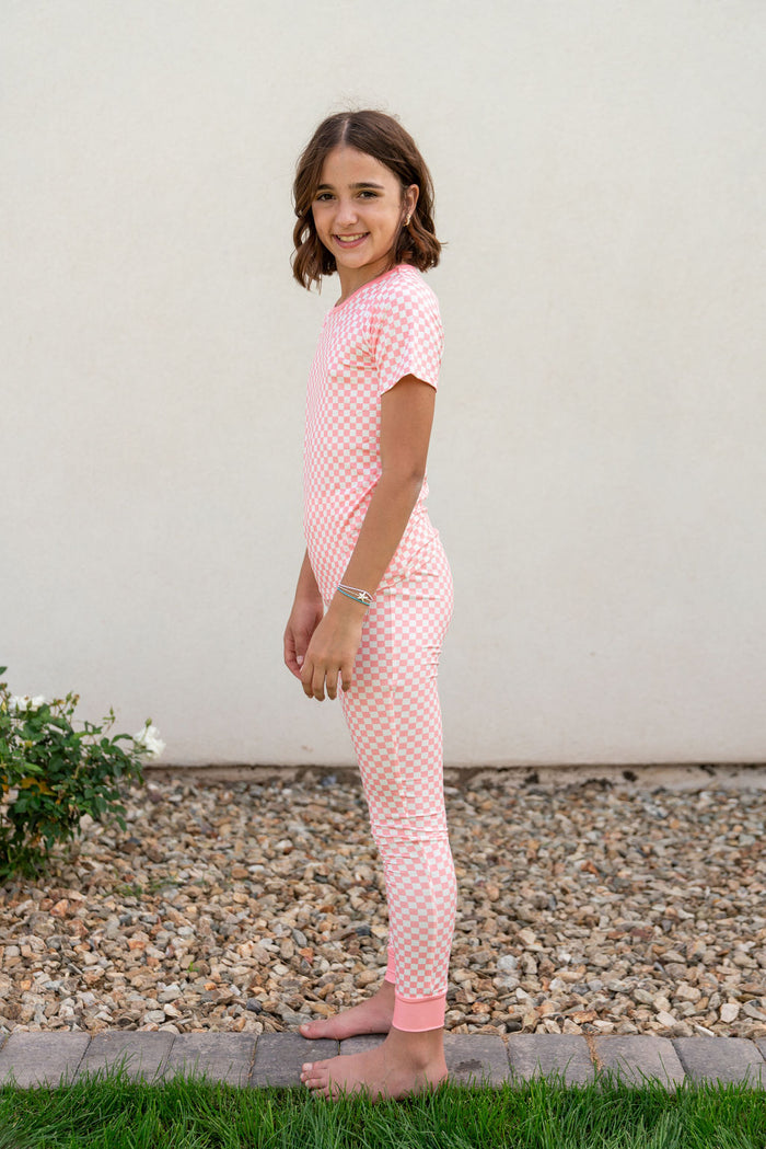 LIGHT PINK + WHITE MINI CHECKER | SHORT SLEEVE