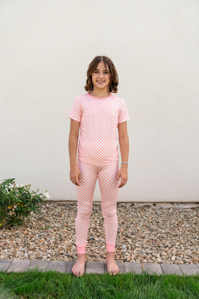 LIGHT PINK + WHITE MINI CHECKER | SHORT SLEEVE