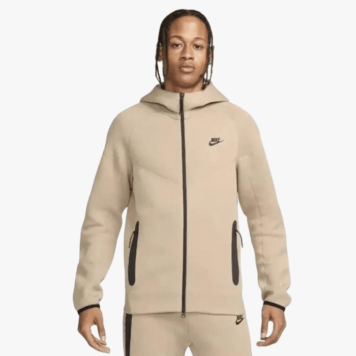 Nike Men's Tech Essentials Full Zip Fleece Hoodie, stone color, front view.
