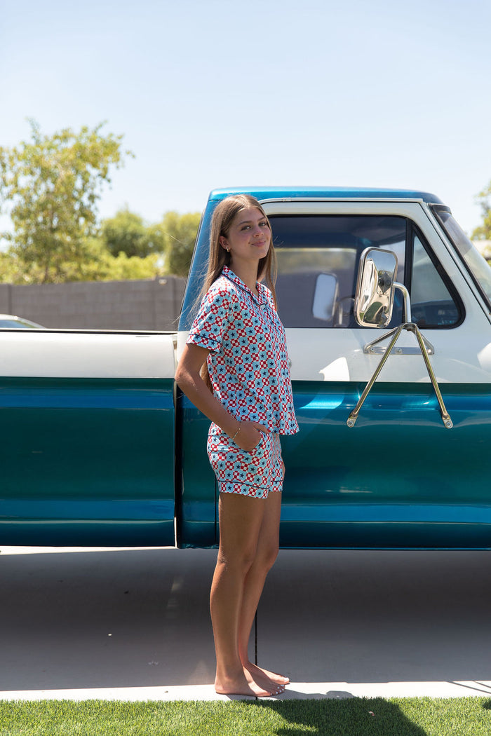 MINI CHECKERED STARS | GIRLS' BUTTON UP SHORT SLEEVE + SHORTS SET