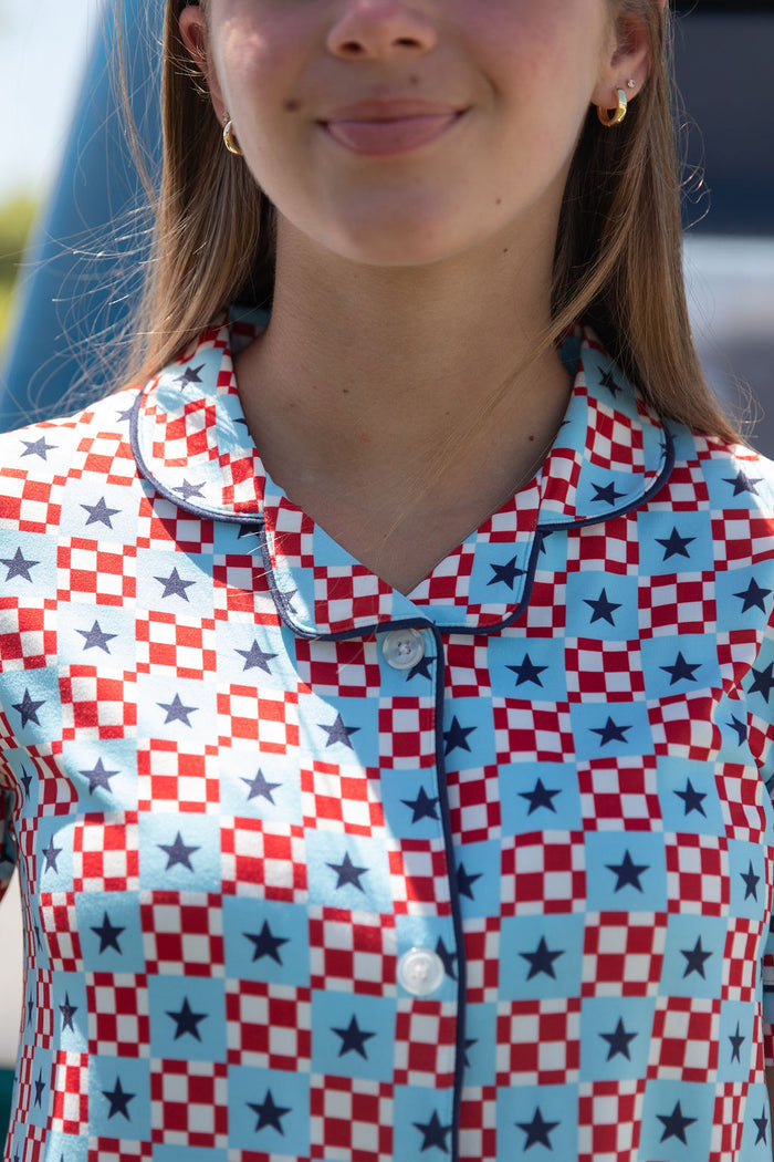 MINI CHECKERED STARS | GIRLS' BUTTON UP SHORT SLEEVE + SHORTS SET
