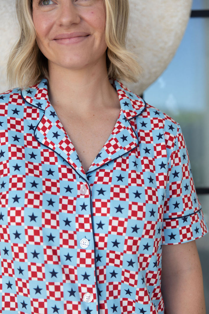 MINI CHECKERED STARS | WOMEN'S BUTTON UP SHORT SLEEVE SET
