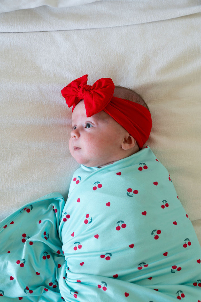 MINT BLUE + RED CHERRIES | SWADDLE