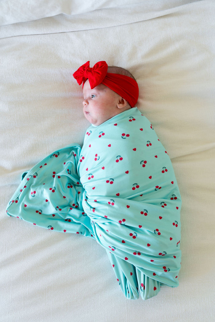 MINT BLUE + RED CHERRIES | SWADDLE