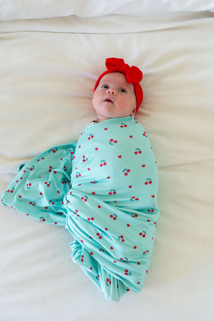 MINT BLUE + RED CHERRIES | SWADDLE