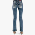 Miss Me Womens Classic Plaid Bootleg Jeans in blue, featuring embellished back pockets and a classic bootcut fit, shown from