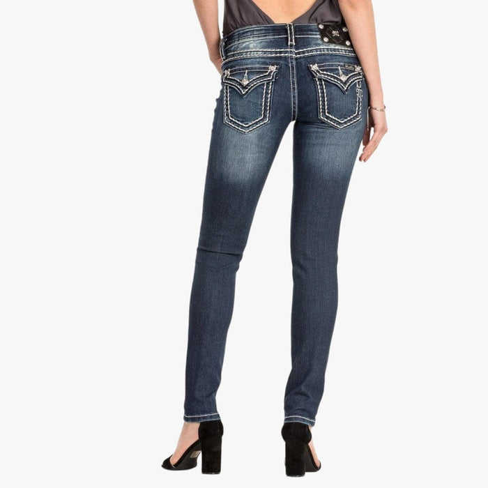 Miss Me Womens Saddle Stitch Low Rise Skinny Jeans Dark Wash Miss Me
