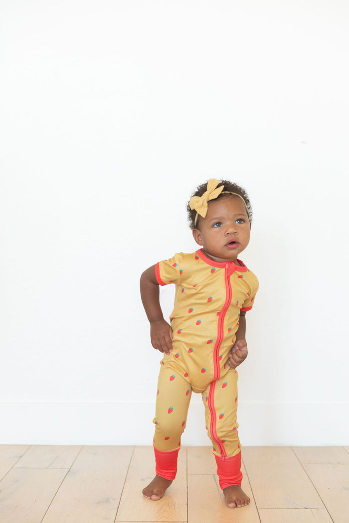 MUSTARD YELLOW STRAWBERRIES | NEW* SHORT SLEEVE ZIPPER ONE PIECE