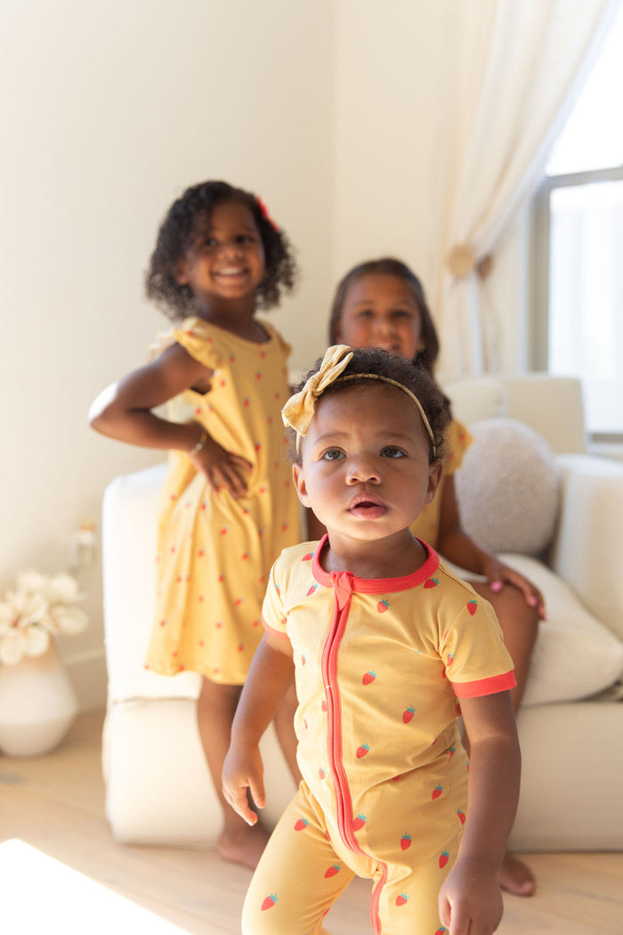 MUSTARD YELLOW STRAWBERRIES | NEW* SHORT SLEEVE ZIPPER ONE PIECE