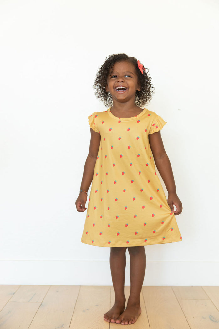 MUSTARD YELLOW STRAWBERRIES | SLEEVE DRESS