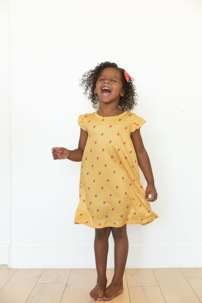MUSTARD YELLOW STRAWBERRIES | SLEEVE DRESS