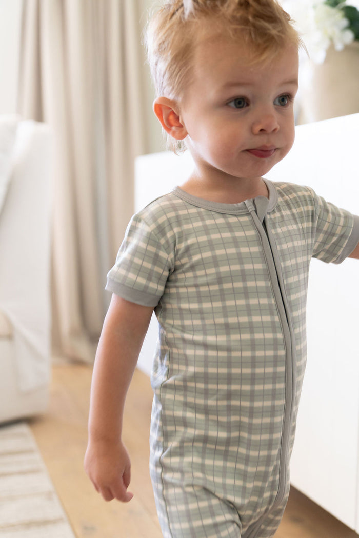 MUTED GREEN PLAID | SHORT SLEEVE ZIPPER ONE PIECE