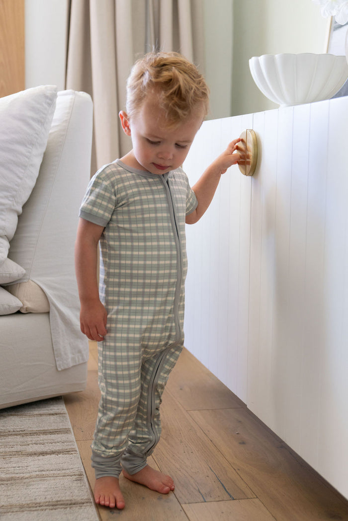 MUTED GREEN PLAID | SHORT SLEEVE ZIPPER ONE PIECE