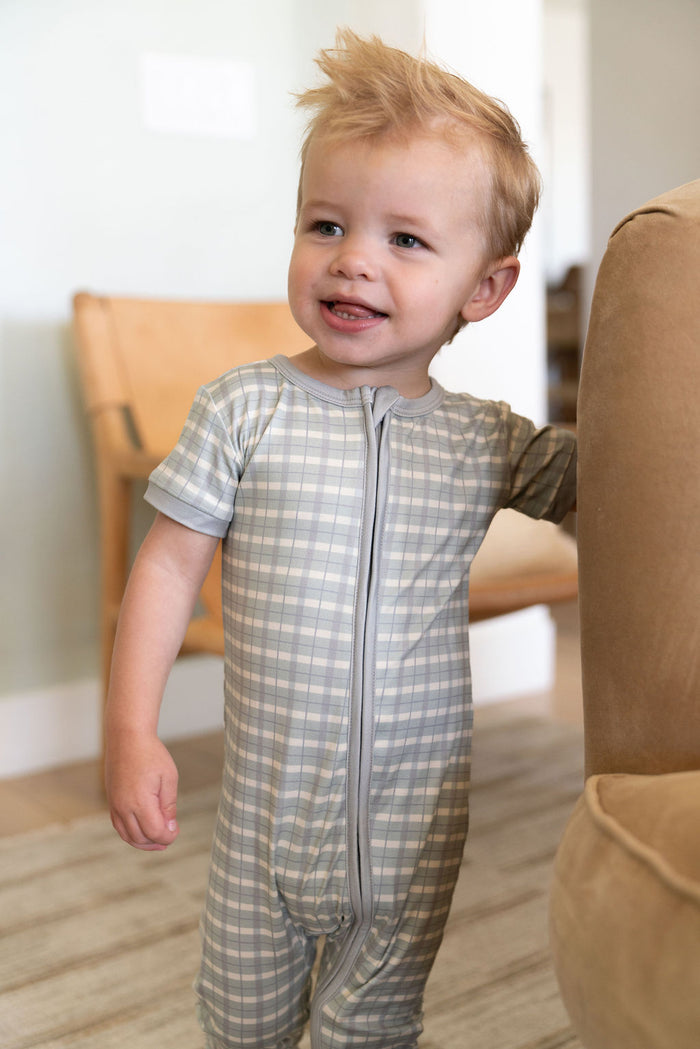 MUTED GREEN PLAID | SHORT SLEEVE ZIPPER ONE PIECE