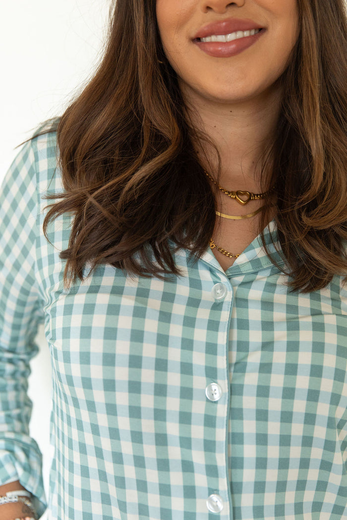 MUTED TEAL GINGHAM (viscose) | WOMEN'S BUTTON UP LONG SLEEVE SET