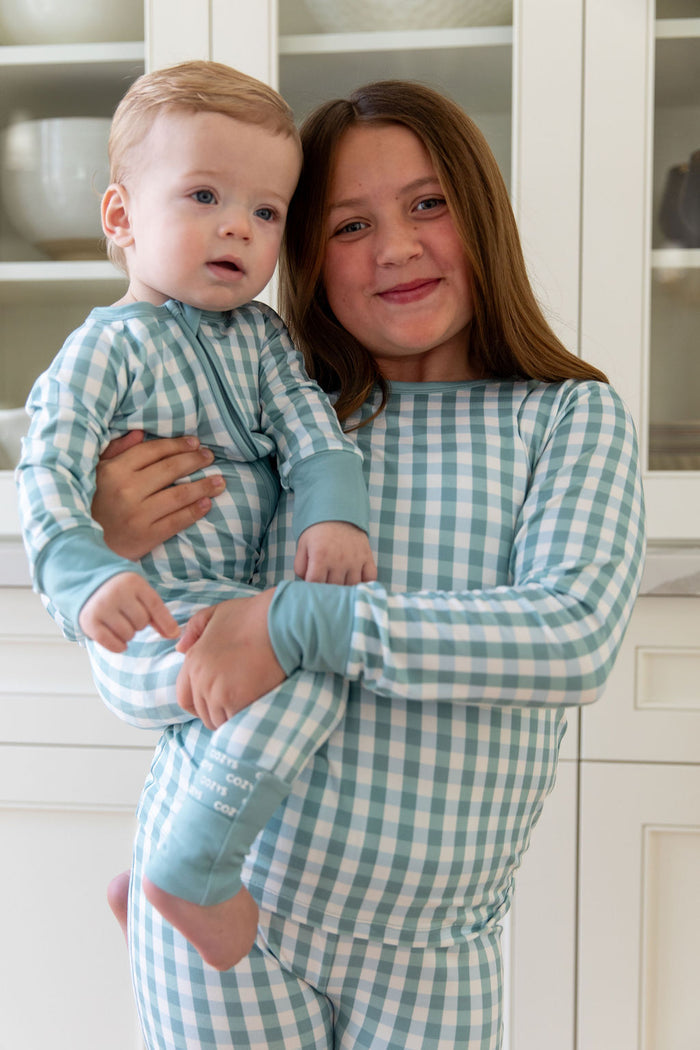 MUTED TEAL GINGHAM | ZIPPER ONE PIECE