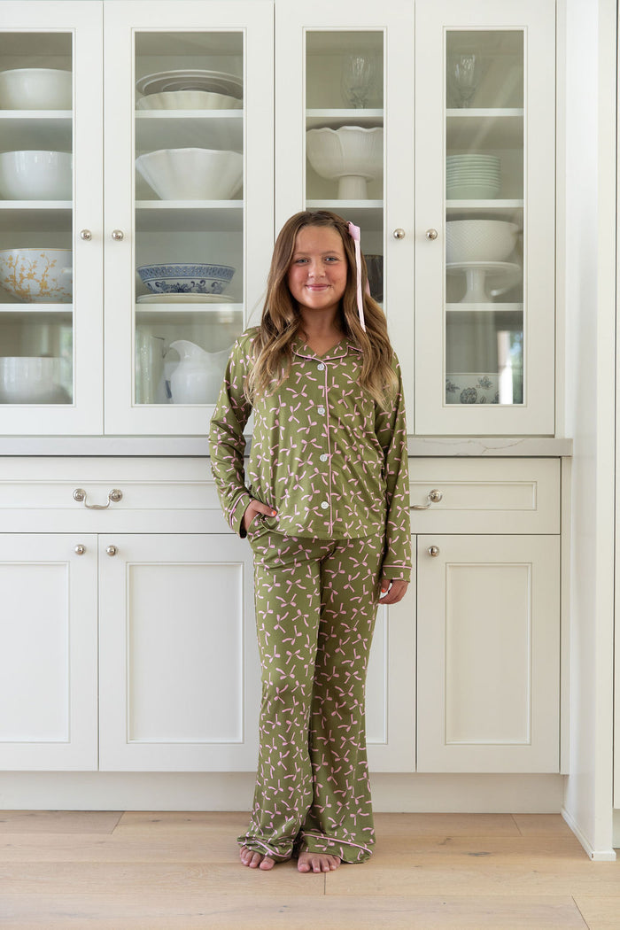 OLIVE + PINK BOWS | GIRLS' BUTTON UP LONG SLEEVE SET