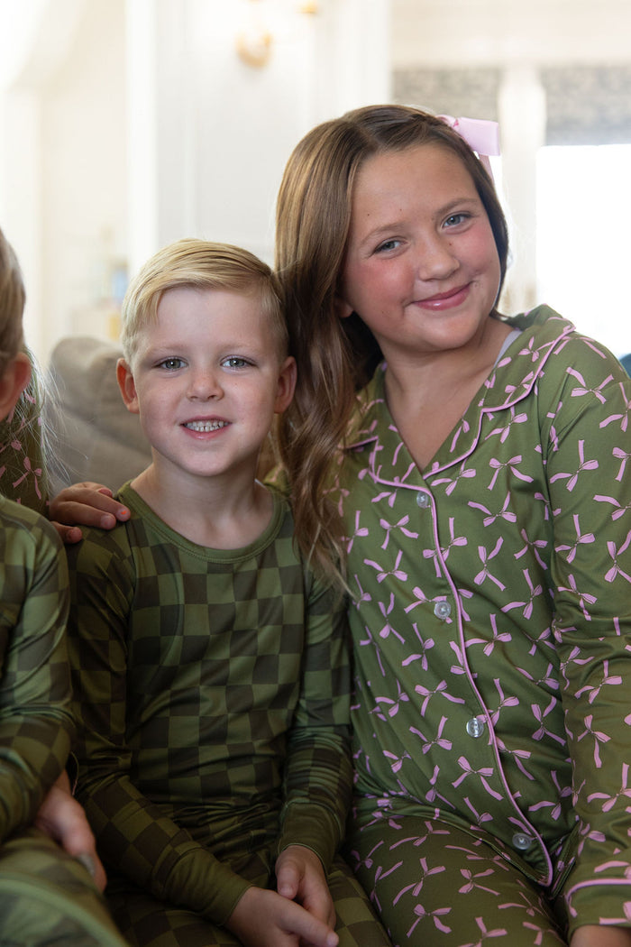 OLIVE + PINK BOWS | GIRLS' BUTTON UP LONG SLEEVE SET