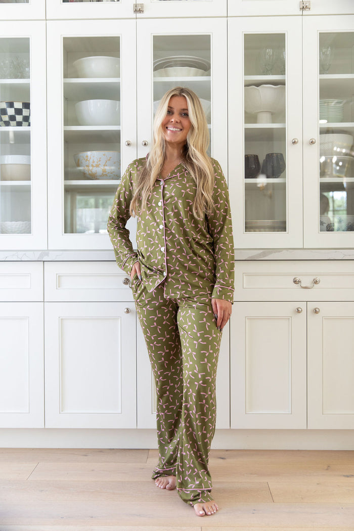 OLIVE + PINK BOWS | WOMEN'S BUTTON UP LONG SLEEVE SET