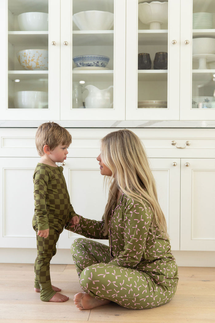 OLIVE + PINK BOWS | WOMEN'S BUTTON UP LONG SLEEVE SET