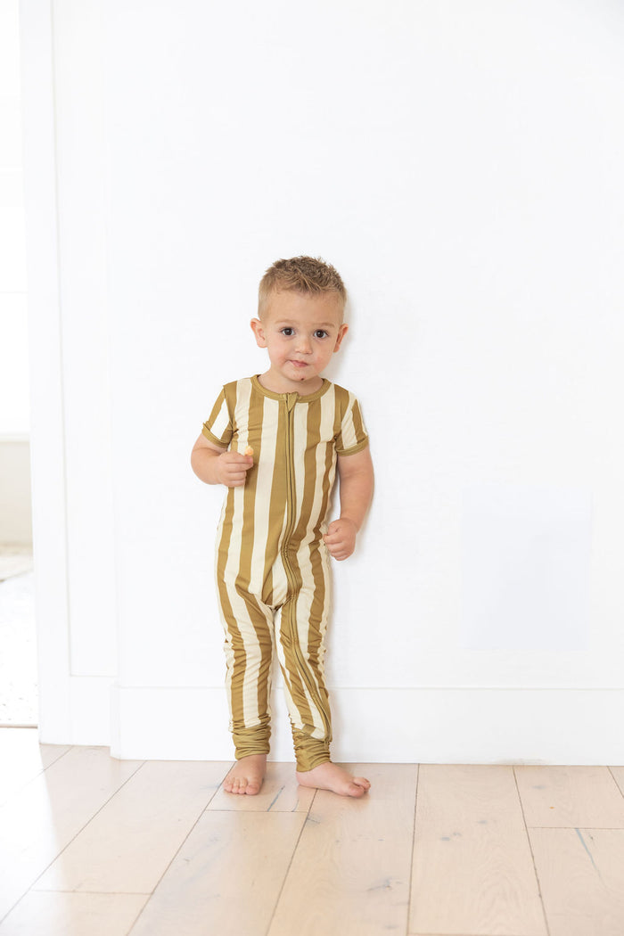 OLIVE STRIPE | SHORT SLEEVE ZIPPER ONE PIECE