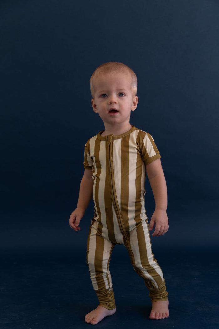 OLIVE STRIPE | SHORT SLEEVE ZIPPER ONE PIECE