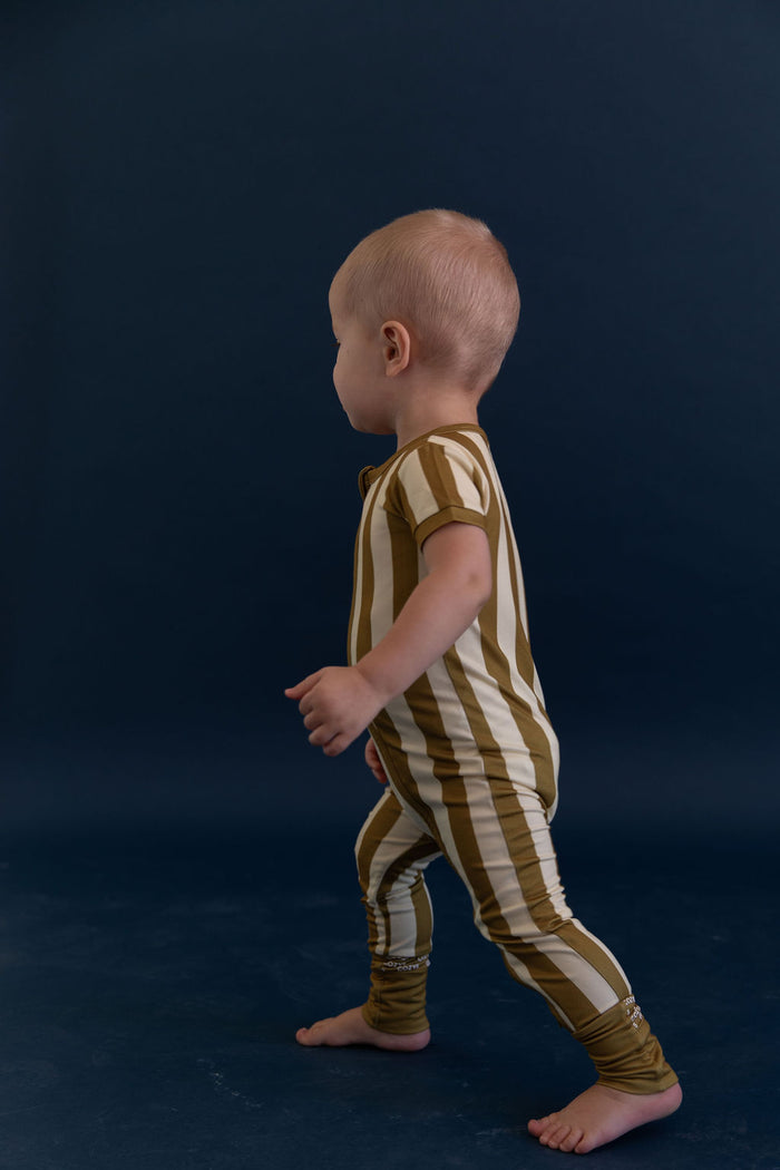 OLIVE STRIPE | SHORT SLEEVE ZIPPER ONE PIECE