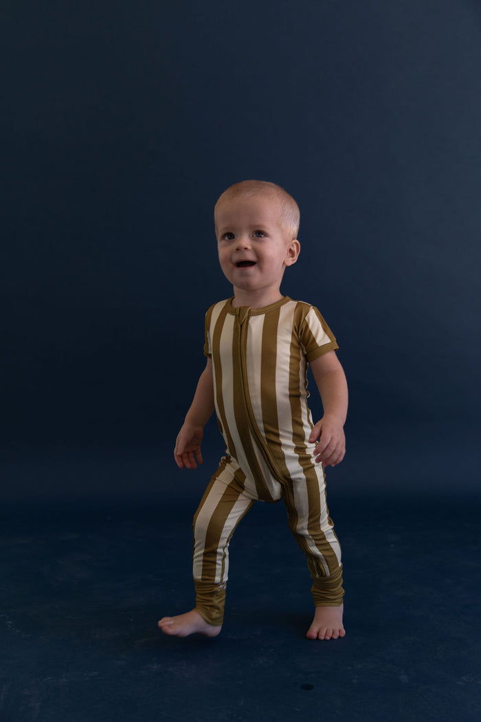 OLIVE STRIPE | SHORT SLEEVE ZIPPER ONE PIECE