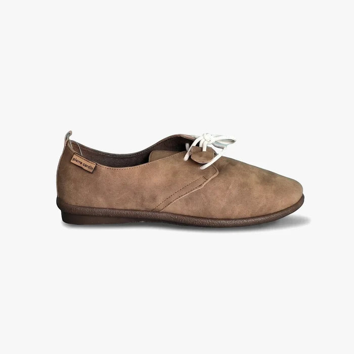 Pierre Cardin Women's Riviera lace-up shoe in camel brown suede with white laces, shown from the side on a white background.