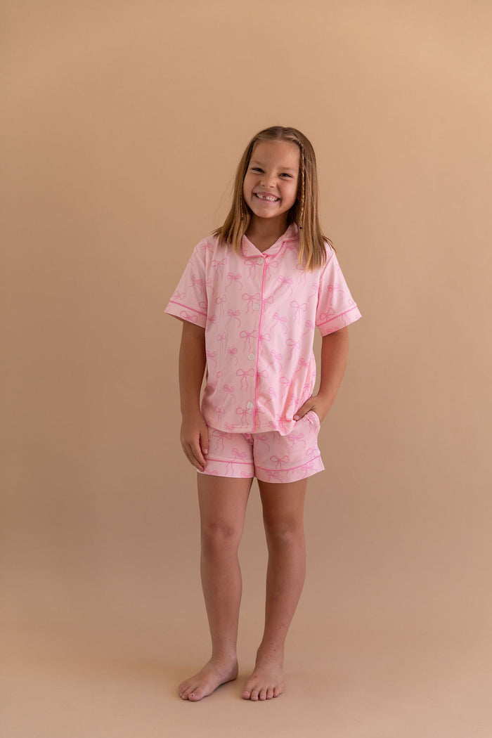PINK BOWS | GIRLS' BUTTON UP SHORT SLEEVE + SHORTS SET