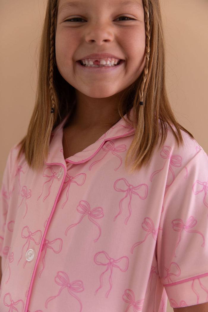 PINK BOWS | GIRLS' BUTTON UP SHORT SLEEVE + SHORTS SET