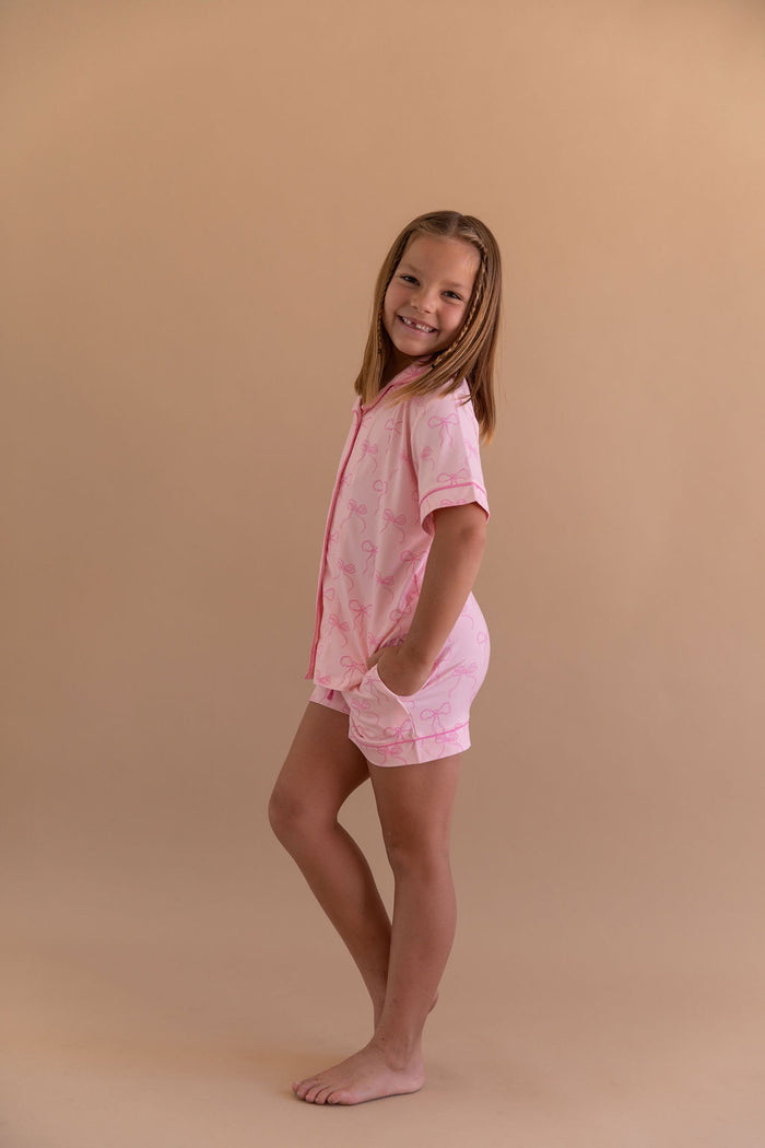 PINK BOWS | GIRLS' BUTTON UP SHORT SLEEVE + SHORTS SET