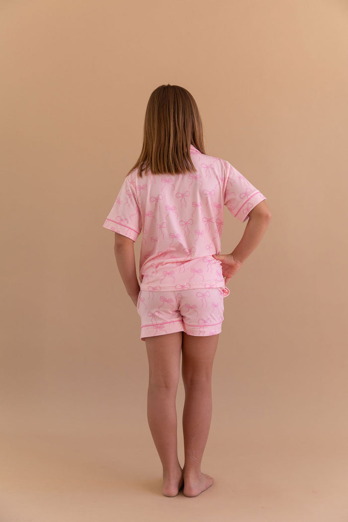 PINK BOWS | GIRLS' BUTTON UP SHORT SLEEVE + SHORTS SET