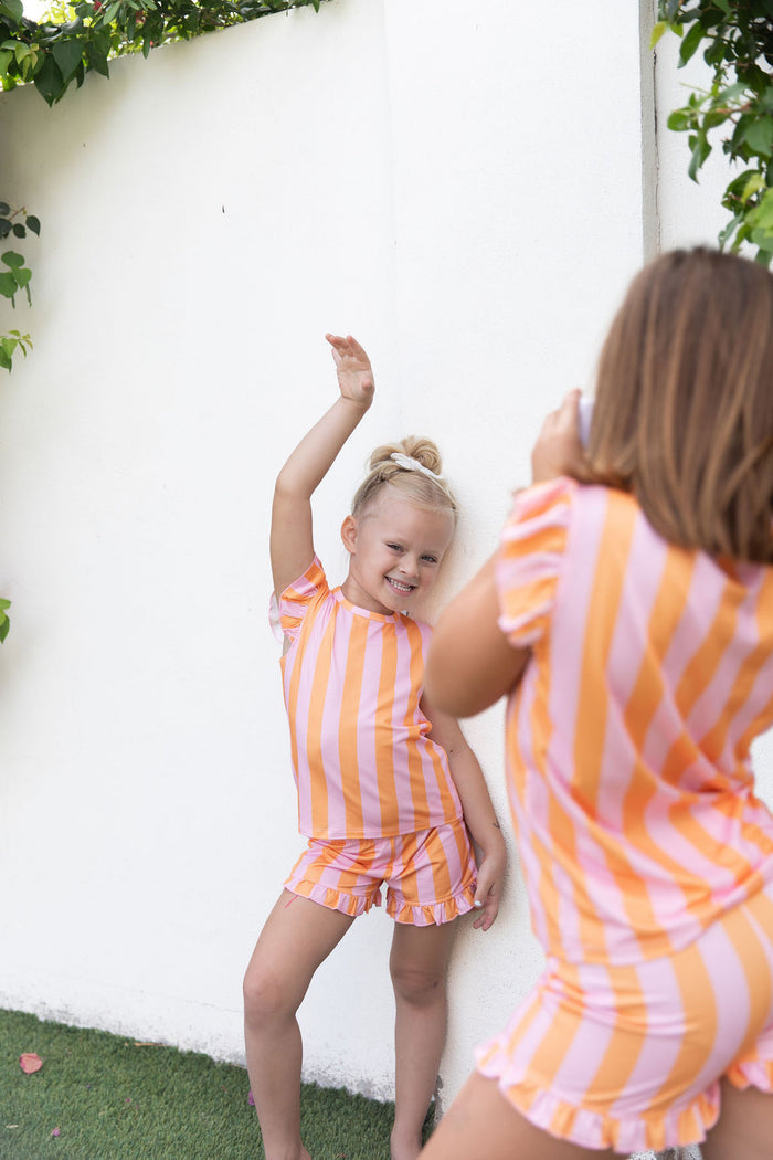 PINK + ORANGE STRIPE | RUFFLE SHORT SET