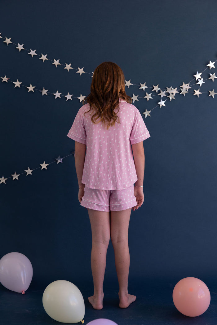 PINK STARS | GIRLS' BUTTON UP SHORT SLEEVE + SHORTS SET