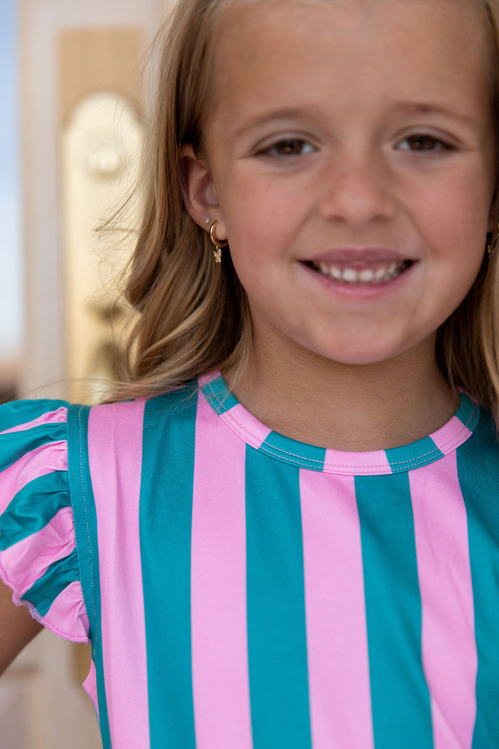 PINK + TEAL STRIPE | RUFFLE SHORT SET