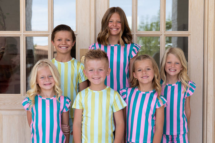 PINK + TEAL STRIPE | RUFFLE SHORT SET