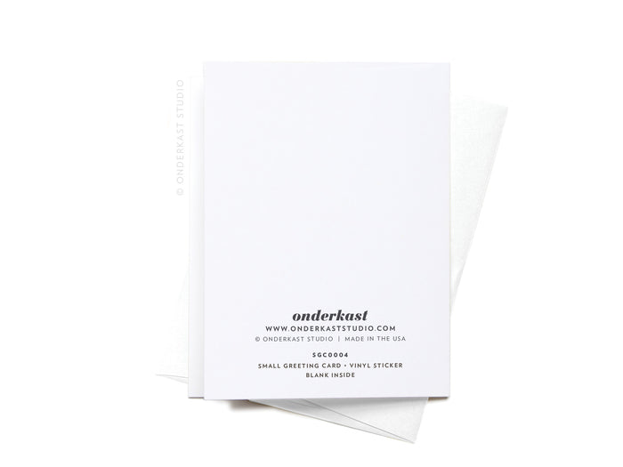 The Pour Yourself a Drink Darlin Cocktail Sticker Greeting Card by Onderkast Studio is printed on premium white card stock, with the brands logo and details in black on the back. It comes with a white envelope on a crisp white background.
