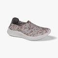 Rock Spring women's slip-on shoe in a pewter multi-color woven fabric, featuring a comfortable white sole. Side view.