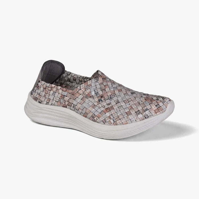 Rock Spring women's slip-on shoe in a pewter multi-color woven fabric, featuring a comfortable white sole. Side view.