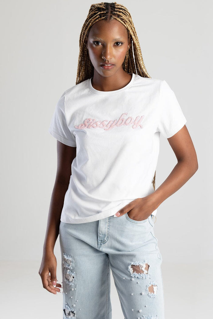 Sissy Boy Short Sleeve Tee Pink Beaded Logo White | Sissy Boy