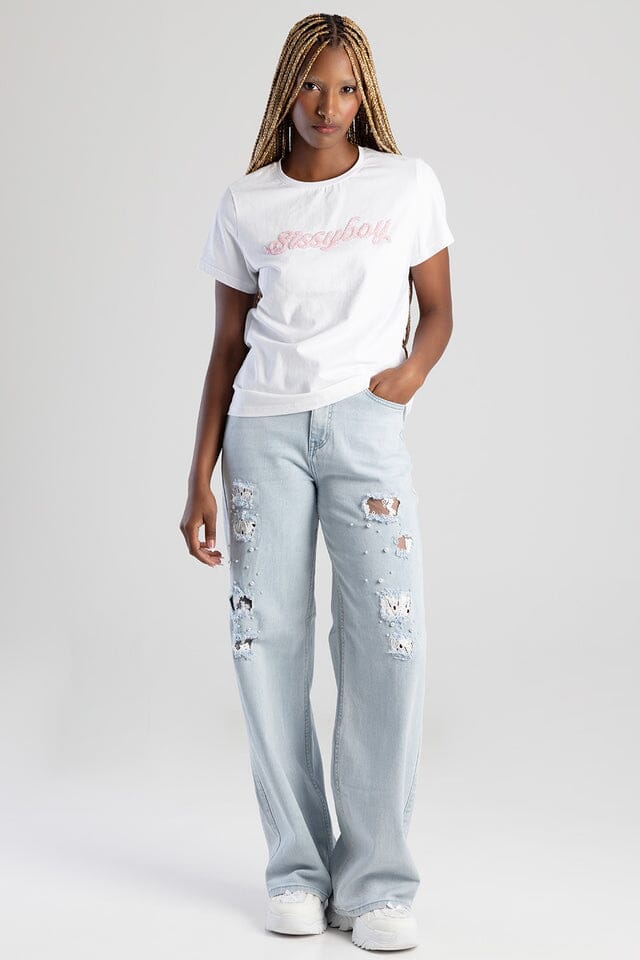 Sissy Boy Short Sleeve Tee Pink Beaded Logo White | Sissy Boy