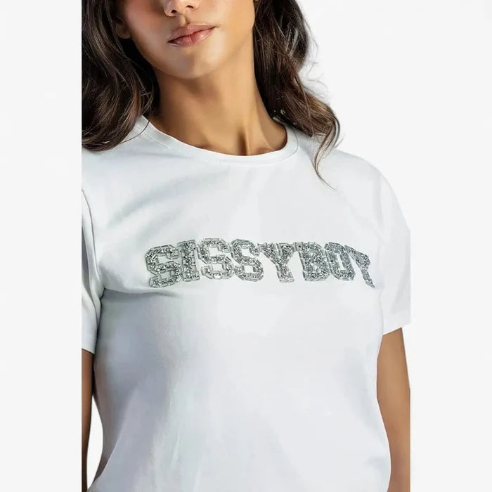 Sissy Boy Womens Regular Fit Top With Bling Short Sleeve Tee Bling White | Sissy Boy