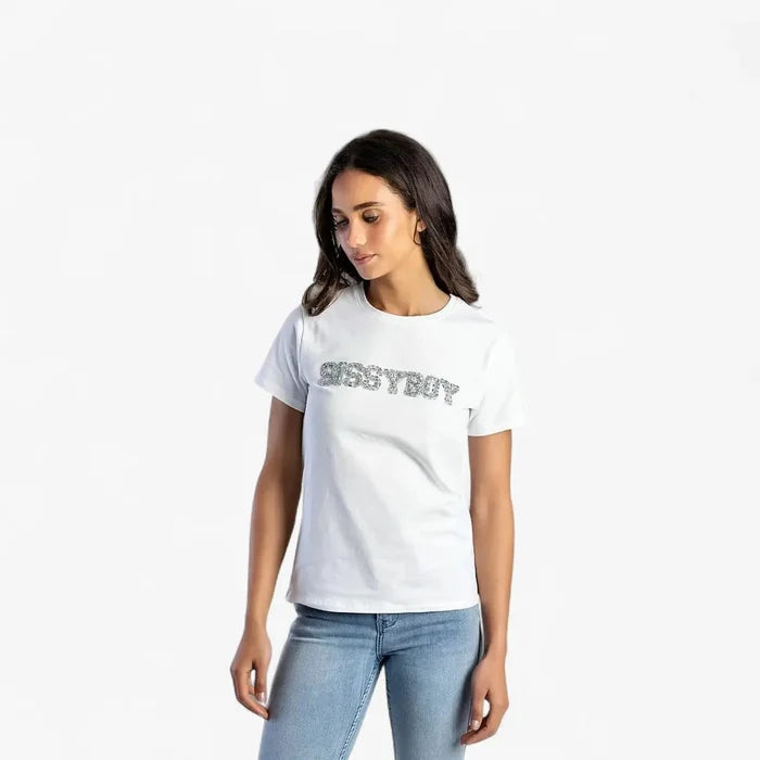Sissy Boy Womens Regular Fit Top With Bling Short Sleeve Tee Bling White | Sissy Boy