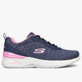 Skechers Women's Air Dynamite sneakers in navy and pink, featuring Skech-Air cushioning and a knitted upper.