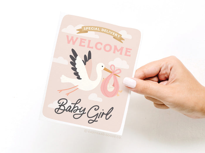 Special Delivery Welcome Baby Girl Greeting Card - Onderkast Studio