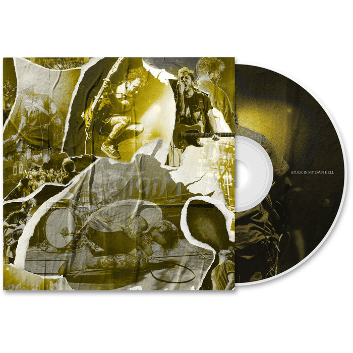 Youth Fountain CD case and disc with a vibrant yellow and black collage of live concert moments—featuring musicians performing, jumping, and engaging the crowd. Text: Stuck In My Own Hell CD—album out February 2025.