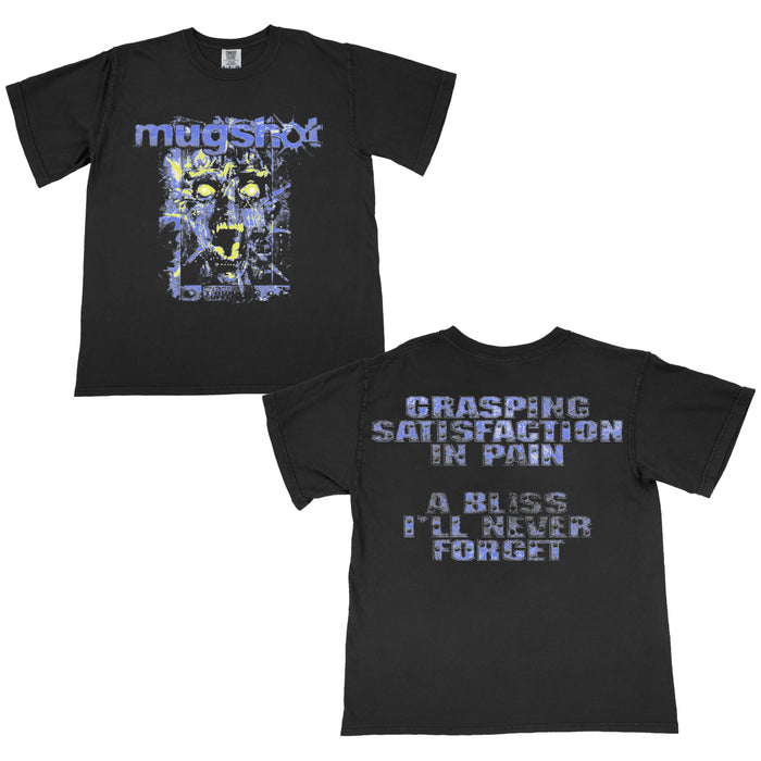 Mugshot black tee features an abstract blue and yellow face with mugshot on the front; back displays bold blue text: Grasping satisfaction in pain, a bliss Ill never forget.