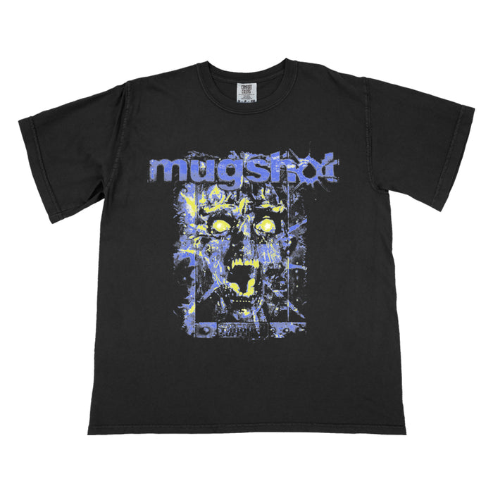 Black Mugshot T-shirt with a distressed blue and yellow screaming zombie face graphic and bold grunge-style mugshot text across the chest.